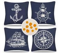 4 Pack Federe in Lino Impermeabili Federe Cuscini Divano Nautico Moderni Biancheria Copricuscini Decorativi Fodere Quadrate per Camera da Letto Casa 45X45 cm, Blu(Faro Barca a Vela Ancora Bussola)