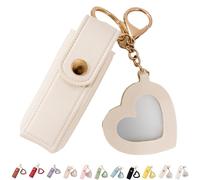 4 Pack Lip Oil Keychain - Mirror and Oil 2-In-1, Mini Lipstick Case With Keychain & Heart Pendant, Chapstick Holder, Pu Leather Potable Holder, for Storage Lipstick (Beige)