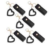 4 Pack Lip Oil Keychain - Mirror & Oil 2-In-1, Pu Leather Potable Lip Gloss Holder, Mini Lipstick Case With Keychain & Heart Pendant, Chapsticks Holder, for Car/Travel Storage (5Pcs,Black)