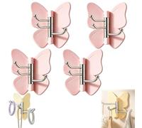 4 Pack Rotating Butterfly Adhesive Wall Hooks, Cute No-Drill 3-Prong Swivel Hangers with Adjustable Wings,Heavy Duty No-Drill Corner Stick-on Hooks for Bathroom, Kitchen & Entryway (4-Pink)