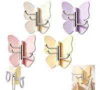 4 Pack Rotating Butterfly Adhesive Wall Hooks, Cute No-Drill 3-Prong Swivel Hangers with Adjustable Wings,Heavy Duty No-Drill Corner Stick-on Hooks for Bathroom, Kitchen & Entryway (4-Mix)