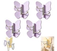 4 Pack Rotating Butterfly Adhesive Wall Hooks, Cute No-Drill 3-Prong Swivel Hangers with Adjustable Wings,Heavy Duty No-Drill Corner Stick-on Hooks for Bathroom, Kitchen & Entryway (4-Purple)