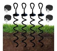 4 Pack Spiral Ground Anchors With Heavy Duty Tie-Down Ropes | Windproof Outdoor Ground Stakes Kit For Trampoline, Canopy, Shed, Swing Set, Dog Tethering | Steel Earth Auger Stakes Stability Kit Black