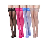 4 Paia Calze Autoreggenti Setose Pizzo (Nero, Rosa Rossa, Caffè, Blu Reale)