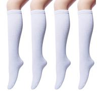 4 Paia Calzettoni Donna in Cotone Calze Gambaletto, Calzini Lunghi Donna, Calzini Gambaletti di Coscia Retro Casual Socks Bianco Taglia Unica