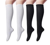 4 Paia Calzettoni Donna in Cotone Calze Gambaletto, Calzini Lunghi Donna, Calzini Gambaletti di Coscia Retro Casual Socks Nero+Bianco Taglia Unica