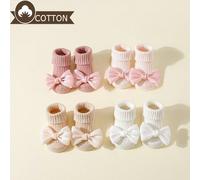 4 paia di calzini a costine per bambine/bambine in età prescolare in cotone con decorazione a fiocco, antiscivolo, adatti per uso interno a terra quando si striscia/impara a camminare, per tutte le st