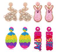 4 paia di orecchini pasquali da donna, orecchini con perline a forma di coniglio, orecchini colorati a forma di uovo di Pasqua, orecchini per vacanze primaverili fatti a mano, accessori pasquali