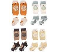4 Paia Ginocchiere Bimbi per Gattonare, Calzini Antiscivolo in Cotone, Confortevole e Traspirante, con Puntini in Gomma, Adatto per Neonati e Bambini 0-12 Mesi, Design Cartone Animato (SET B, S)