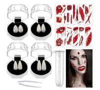 4 Paias Denti da Vampiro+10 Fogli Tatuaggio Halloween, Denti Vampiro con 1 Tubo Adesivo Canini da Vampiro per Bomboniere, adatto per feste in costume di Halloween e regali