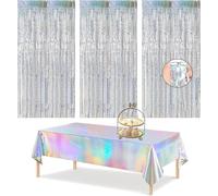 4 Paquetes Mallas MetÁLicas,Cortinas+1 Mantel de Fiesta,XL Plata de Cortina de Flecos Dorados con Purpurina para Cortinas,Flecos,Reflejos Brillantes,decoración de Fondo para Fotos,Banquete De Boda