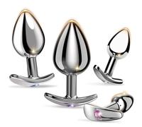4-PC Metal Anal Plug Set, Beginner Unisex, Crystal Hook Base, for Women & Men, Waterproof, Starter Kit