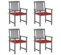 4 Pcs Acacia Wood Garden Chairs with Cushions, Gray Washed Solid Wood Outdoor Patio Dining Seating Set, Rustic Comfortable Furniture for Balcony Terrace Backyard, Includes 4 Red Seat Cushions