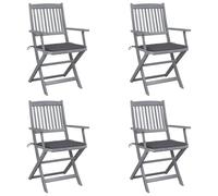 4 Pcs Folding Garden Chairs with Cushions, Solid Acacia Wood Outdoor Dining Chairs for Patio Terrace Balcony, Weather-Resistant Foldable Seating Set, Gray Washed Finish, Includes 4 Seat Cushions