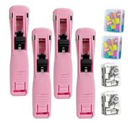 4 Pcs Portable Binder Clip Stapler, Includes 200 Reusable Clips, Reusable Desktop Stapler with Clip Dispenser for Office Home, Handheld Paper Staplers Fastener for Desk Document (Pink * 4)