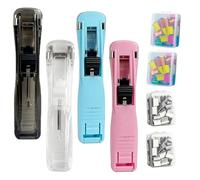 4 Pcs Portable Binder Clip Stapler, Includes 200 Reusable Clips, Reusable Desktop Stapler with Clip Dispenser for Office Home, Handheld Paper Staplers Fastener for Desk Document (Mixed-A)