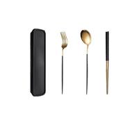 4 Pcs Portable Stainless Steel Tableware Set, Dishwasher Safe Reusable Flatware Cutlery Set, Include Fork Spoon Chopsticks with box (Golden black)