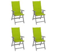 4 Pcs Reclining Garden Chairs with Cushions, Solid Acacia Wood, Adjustable Backrest 5 Positions, Outdoor Patio Furniture Set for Terrace, Poolside, Gray Finish with Bright Green Cushions