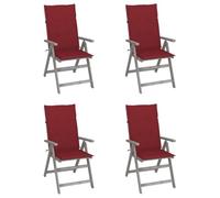 4 Pcs Reclining Garden Chairs with Cushions, Solid Acacia Wood Patio Furniture Set, Adjustable Backrest 5 Positions, Outdoor Lounge Chairs for Terrace, Poolside, Wine Red Cushions Included