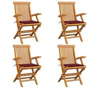 4 Pcs Teak Wood Folding Garden Chairs with Wine Red Cushions, Outdoor Patio Furniture Set for Terrace Backyard, Weather-Resistant Solid Wood Armchairs with 5 Seat Cushions, Foldable for Easy Storage