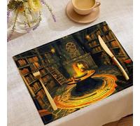 4 Pcs Tovagliette Americane Lavabili Amber Orange, 45X30Cm Tovagliette Colazione, Stampa Biblioteca Di Halloween Tovaglietta Architettura Medievale, Tovaglietta Colazione Per Tavolo Da Cucina