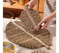 4 pezzi/1 pezzo di sottopiatti intrecciati a mano in erba, sottopiatti a forma di foglia creativi, resistenti al calore per decorare il tavolo da pranzo, sottobicchieri di stile bohémien M,S,S+M,Blocc
