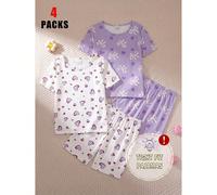 4 pezzi/2 set Abbigliamento da casa casual elegante e alla moda per ragazze adolescenti, base bianca con stampa a cuori e fiocchi, serie viola, girocollo, maglietta pullover in tessuto a maglia ad alt