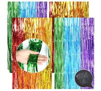 4 Pezzi 2m x 1m Autoadesiva Tende Metalliche Colorate con 12 Colla doppia faccia,Tende con frange arcobaleno glitterate,Metalliche Feste Arcobaleno,per Sfondo Fotografico