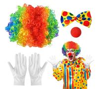 4 Pezzi Accessori Costume Clown, Accessori per Costumi Clown per Adulti, Parrucca Riccia da Clown, Naso da Pagliaccio, Cravatta Colorata, Guanti Bianchi, per Carnevale Cosplay, Pasqua