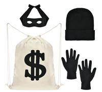 4 Pezzi Accessori Costume da Ladro con Guanti Ladro, Maschera Ladro, Cappello da Ladro, Sacco per Soldi, Costume Carnevale per Adulti Bambini Gioco di Ruolo di Carnevale Halloween Cosplay Festa (A)
