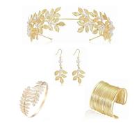 4 Pezzi Accessori Costume Dea Greca Donna, Parure Gioielli per Donna d'Oro Corona Dea Tiara con Orecchini Bracciale Bigiotteria Gioielli, Set Accessori Dea Greca, per Matrimonio Sposa Toga Party