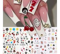 4 pezzi Adesivi per unghie con motivi di carte da gioco alla moda, dadi da biliardo in stile Y2K, ciliegie, stelle, cuori rossi, fiori di prugna neri, design di poker per decorazione fai-da-te di mani