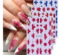 4 pezzi Adesivi per unghie con motivo floreale rosso rosa e blu, Decalcomanie adesive 3D a forma di fiore, adatte per decorazione unghie fai-da-te primaverile/estiva per donne PiantePET