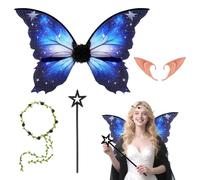 4 Pezzi Ali da Fata, Ali da Fata a Forma di Farfalla, Con Orecchie da Elfo, Cerchietto da Fata e Bacchetta a Forma di Stella, Ali di Farfalla per Compleanno Carnevale Feste di Cosplay (Blu)