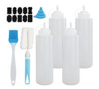 4 Pezzi Biberon Cucina Professionale 1000ml, Squeeze Bottle 32oz, Trasparente Biberon da Cucina, Ottiglia Squeeze di Plastica con 1 Pennello di Pulizia e 10 Adesivi per Ketchup Olio D'Oliva