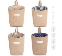 4 Pezzi Borsa Appendibile, Portaoggetti Bagno In Cotone E Lino Cestino da Appendere Organizer Parete per Cosmetici Piccoli Porta Oggetti con Manico a S e Gancio a J