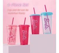 4 pezzi Bottiglie d'acqua in plastica da 520ml di colore rosa Barbie, blu e rosso con cannucce, tazze d'acqua alla moda, tazze da caffè multifunzionali, adatte per uso all'aperto o a scuola Tagli Unic