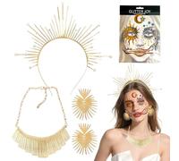 4 Pezzi Copricapo da Dea del Sole, Accessori per Costume da Dea del Sole, Accessori per Costumi Soles, Copricapo, Collana, Orecchini, Tatuaggio Sul Viso, Deas Greca per Il Gioco di Ruolo Carnevale