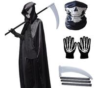 4 pezzi Costume da Grim Reaper Set per bambini - Costume di Halloween Ragazzi Creepy 120/150/170/190CM Unisex Grim Reaper Mantello con falce Maschera con teschio Guanti con teschio (S)