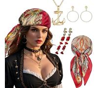 4 pezzi Costume Pirata Donna, accessorio per costume da capitano con bandana, Orecchini, collane, Accessori Capelli, per Halloween Carnevale Accessori Pirata