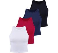 4 Pezzi Crop Canotte di Base Donna Top Senza Maniche a Spalle Scoperte, Sportivo in Cotone per Ragazze Abbigliamento Quotidiano (Nero, Blu Marino, Rosso Vino, Bianco, S)