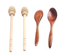 4 Pezzi Cucchiai di Miele in Legno - Cucchiai Distributori di Miele e Sciroppo, Bastoncini Mescolatori a Spirale, Lunghezze di 14 cm e 15 cm, Design Elegante ed Ecologico (2 +2, Marrone)