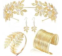 4 Pezzi Dea Greca Costume Accessori Set, Dea Greca Donna Bambina, Corona Alloro Tiara Dorata, Bracciali Foglia, Orecchini Foglia Oro Perla, Corona Alloro Tiara Dorata, per Feste di Matrimonio