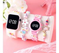 4 pezzi di orologi alla moda e versatili per bambini, progettati per le ragazze, a prezzo accessibile, ideali per la stagione del ritorno a scuola. Questi orologi presentano motivi a unicorno cartoni 