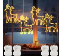 4 pezzi di renna LED decorazione finestra Natale alimentato a batteria, 240 LED appeso Babbo Natale catena luminosa con timer in metallo, renna, tenda luminosa per interni ed esterni, luce bianca