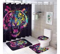 4 pezzi di tappeti Shaggy con schizzi colorati, animali selvatici, tigri e arte astratta + tappetino sagomato e coperchio con supporto in gomma + tenda anti-sbiadimento per box a - Decorazione per ba