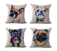4 pezzi Federa per Cuscino, 45 x 45 cm, 18 x 18 cm, Motivo: Bulldog Francese, Dipinto a Colori Chiari, in Cotone e Lino A
