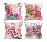 4 pezzi Federa stampata floreale rosa senza anima, copertura cuscino quadrata in stile campagna per soggiorno divano camera da letto casa tessile decorativo lombare federa, tutte le stagioni 45*45Anim