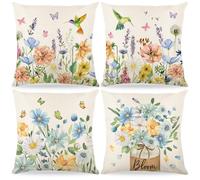 4 Pezzi Federe Cuscini Divano 40x40cm,Federe per Cuscini Fiori Primaverili,Federa per Cuscino in Lino,Federa per Cuscino Farfalle E Uccelli Da Giardino Fiorito,Per Divano Decorazione Della Casa (A)