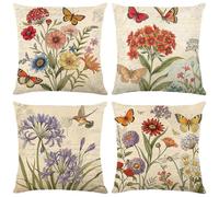 4 Pezzi Federe Cuscini Divano 40x40cm,Federe per Cuscini Fiori Primaverili,Federa per Cuscino in Lino,Federa per Cuscino Farfalle E Uccelli Da Giardino Fiorito,Per Divano Decorazione Della Casa (D)